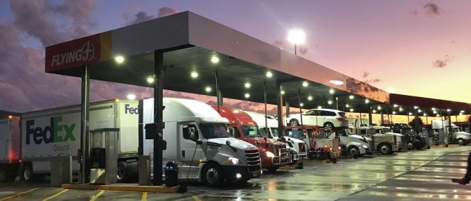 truck stop at sunset